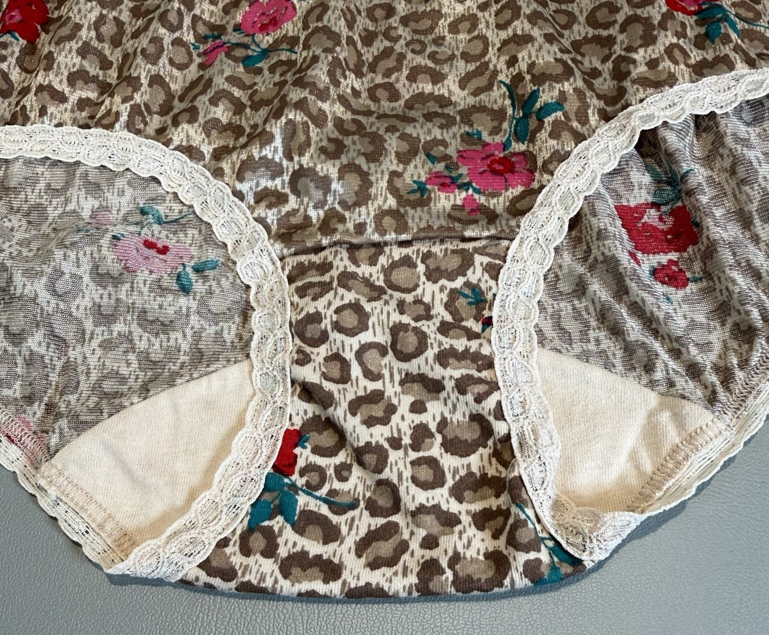 Cotillion Nylon Brief Animal Print Flowers Lace Trim Granny Panties Size 7 NWT