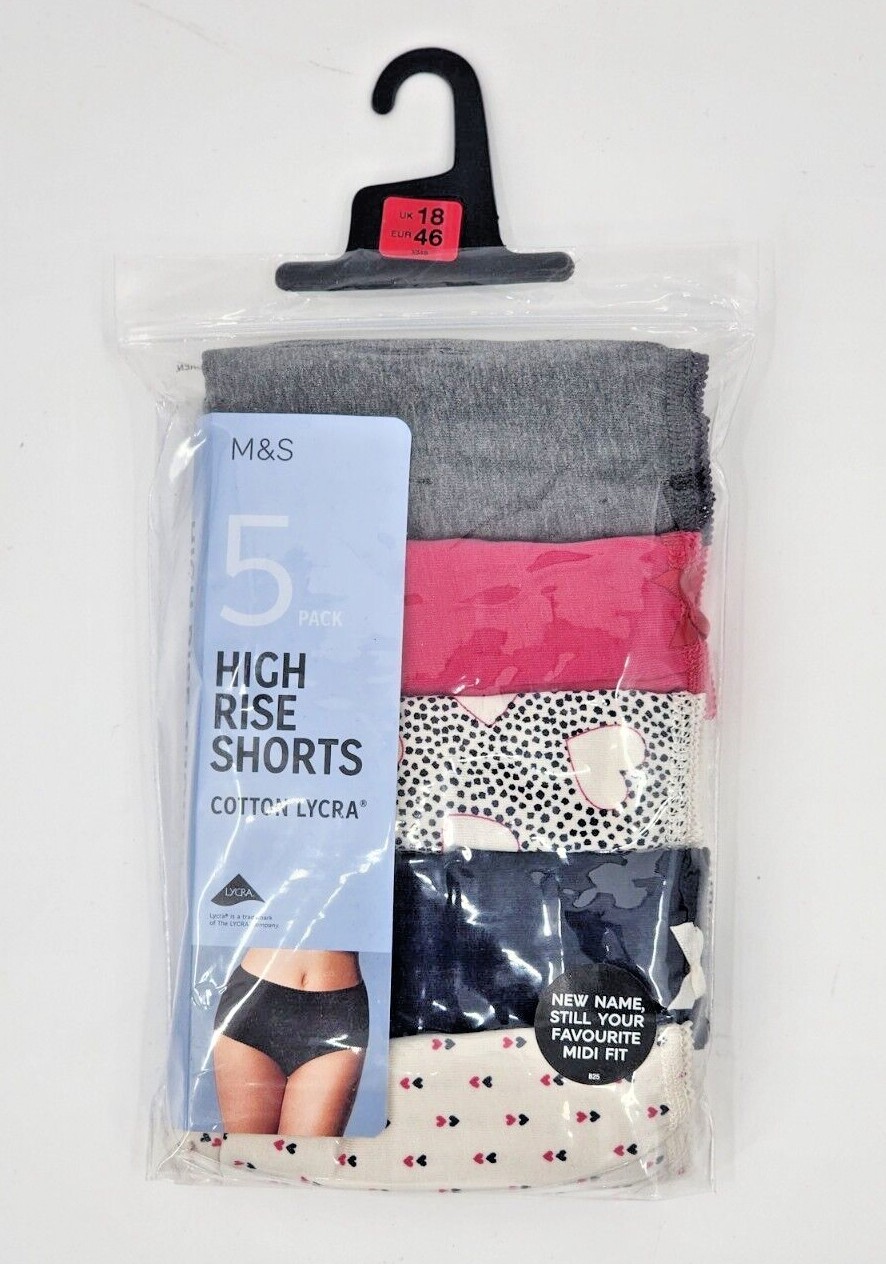 M&S Ladies 5 Pack Cotton Lycra High Rise Midi Knickers Underwear