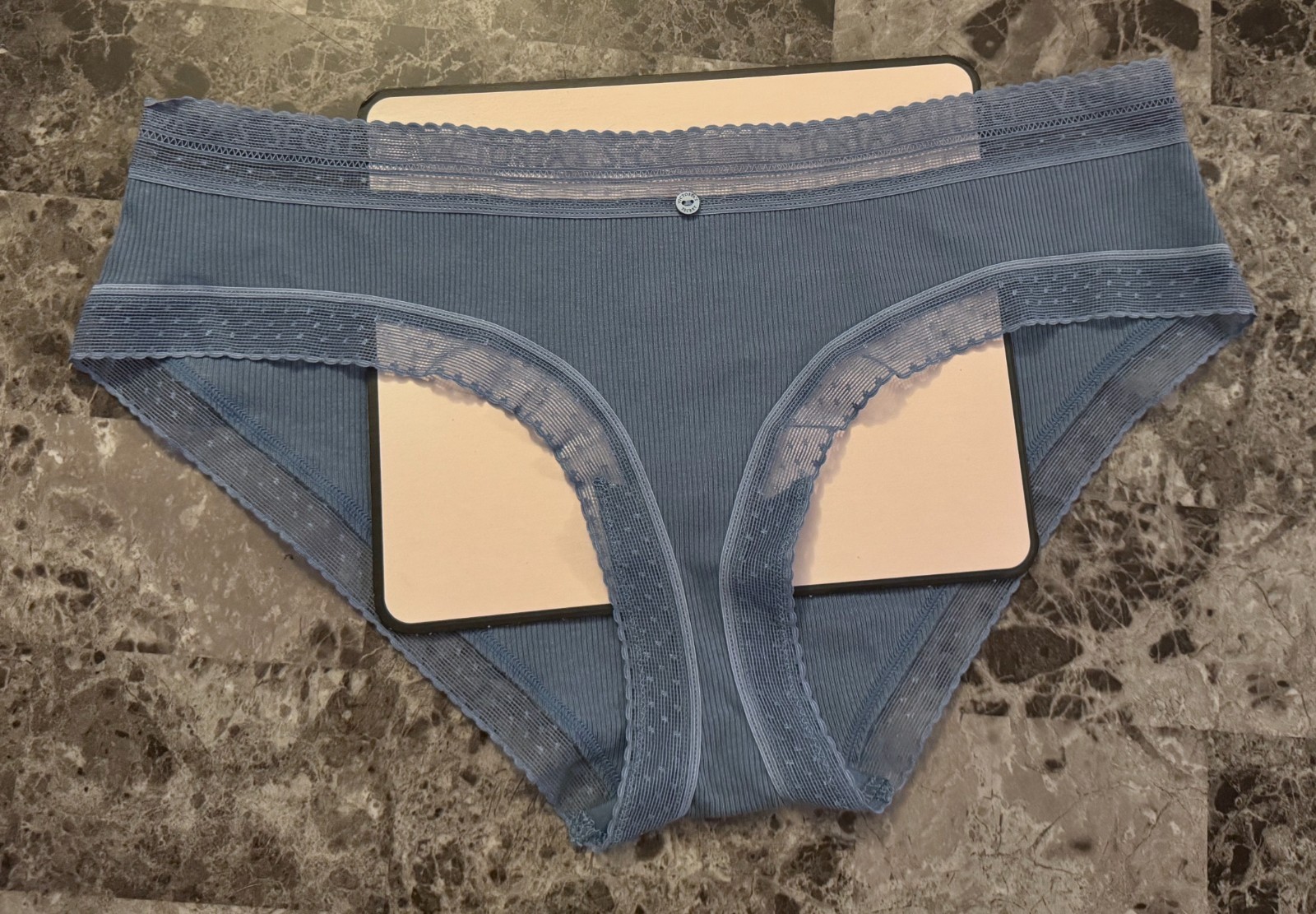 NWT VICTORIA’S SECRET L BLUE RIBBED KNIT POLKA DOT LOGO TRIM HIPHUGGER PANTIES