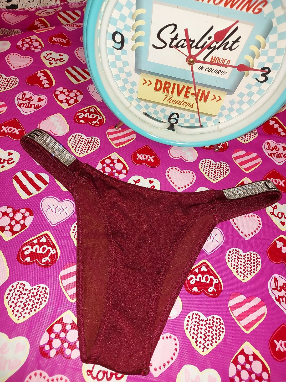 VICTORIAS SECRET BRAZILIAN BOMBSHELL BURGANDY RHINESTONE LOVE PANTY M/L NWOT