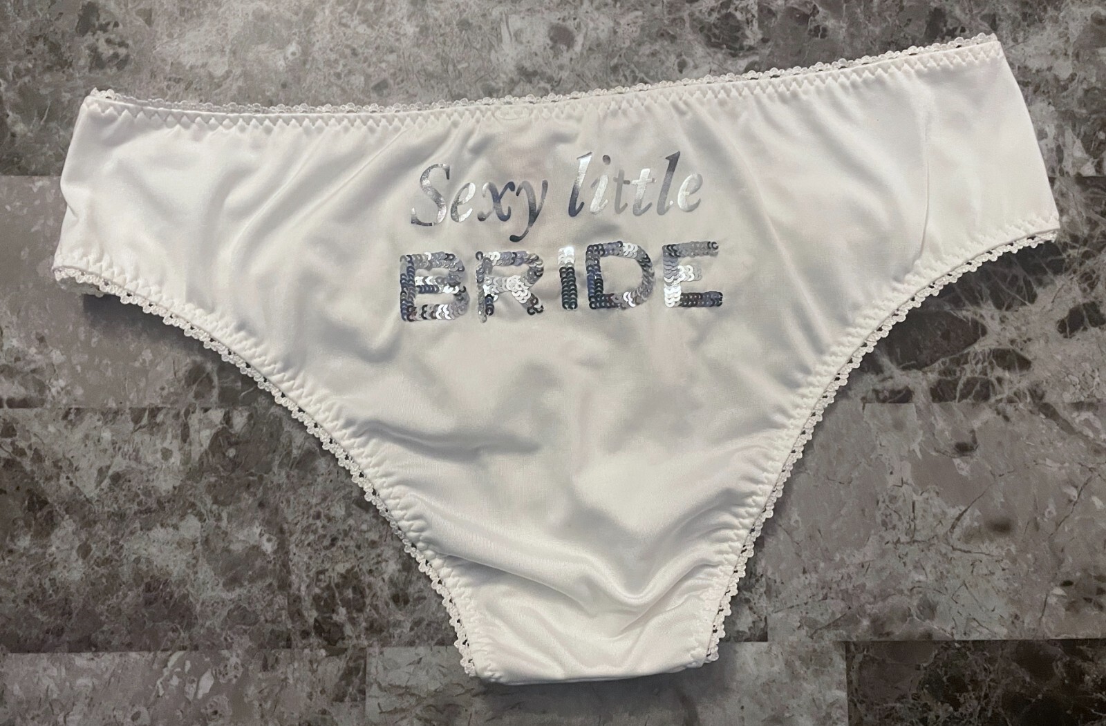 VICTORIA’S SECRET S WHITE SMOOTH SILVER SEQUIN SEXY LITTLE BRIDE RARE PANTIES