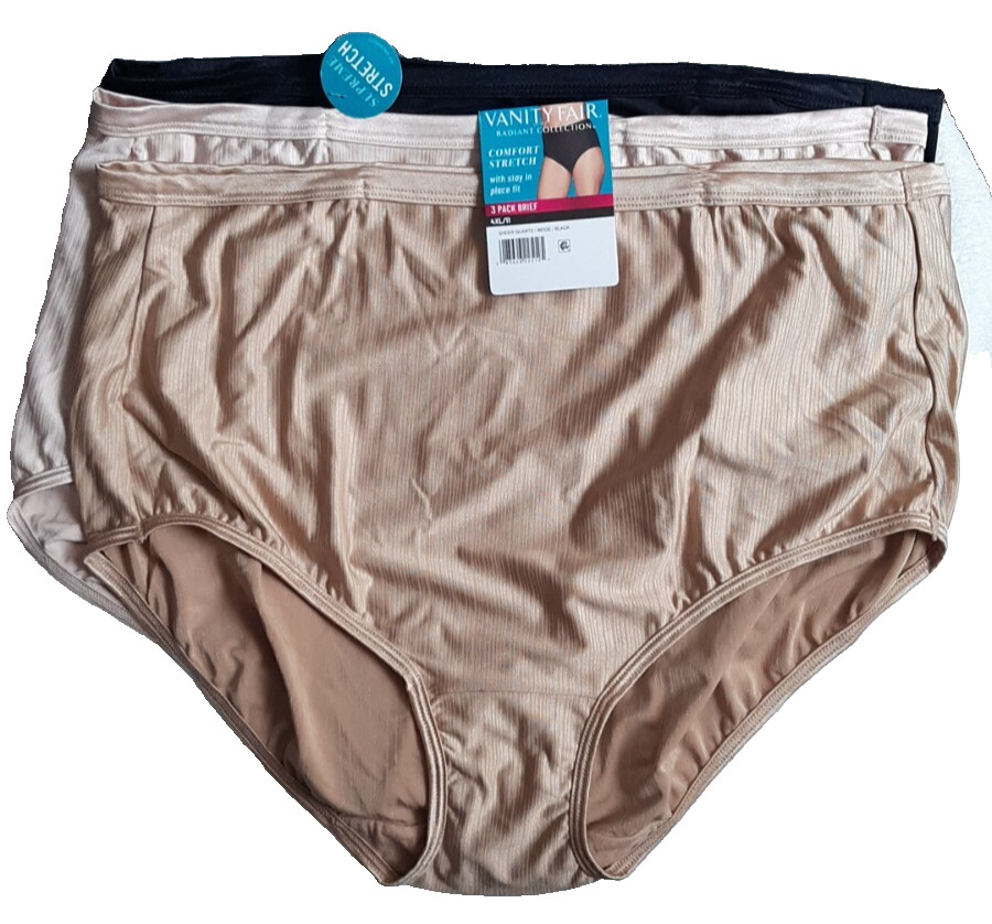3 VANITY FAIR BRIEF PANTIES #341311 BEIGE CREAM BLACK COLOR NYLON SPANDEX 4X/11