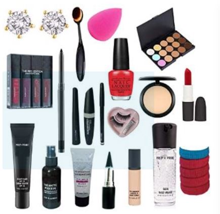 professionals combo kit lipstick, puff, conceller pallate, conceller, primer, kajal, rubber bans, bbcream, 3in 1, eyelashes